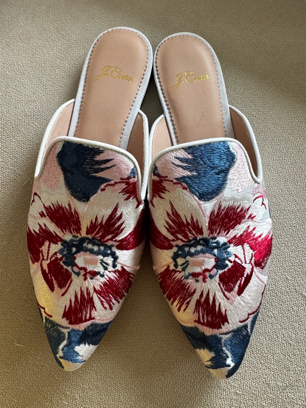 J. Crew Floral Embroidered Slip-On Mules in Red, Pink, Blue & Cream